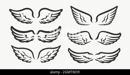 Satz von Flügelsymbolen. Designelemente für Logo, Etikett, Emblem Stock Vektor