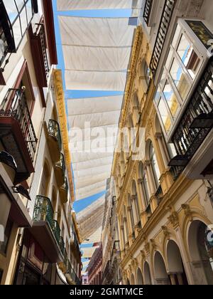 Sevilla, Andalusien, Spanien - 31. Mai 2016; keine Menschen im Blick. Stoffmarkisen schützen Käufer und Fußgänger vor der heißen Sommersonne in der Calle Sierpes Stockfoto