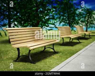 Hölzerne Parkbänke in einem Park. 3D-Illustration. Stockfoto