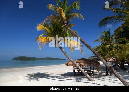 Langkawi, Malaysia - 6. April 2011 Dieses tropische Paradies hat alles - schimmernden weißen Sand, verbogene Palmen und, zumindest am Morgen Stockfoto