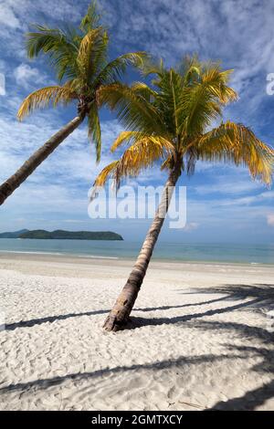 Langkawi, Malaysia - 6. April 2011 Dieses tropische Paradies hat alles - schimmernden weißen Sand, verbogene Palmen und, zumindest am Morgen Stockfoto