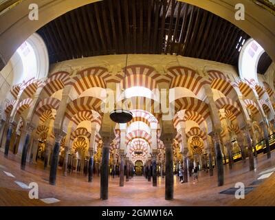 Cordoba, Spanien - 16. Mai 2015; zwei Personen im Blick. Die Moschee-Kathedrale von Mezquita in Cordoba, Spanien, ist ein wirklich faszinierendes Gebäude mit einem ereignisreichen Stockfoto