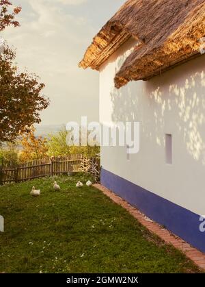 Traditionelles Dorfhaus mit Garten in der mährischen Landschaft aus dem 19. Jahrhundert. Strohdach, Foto Stockfoto
