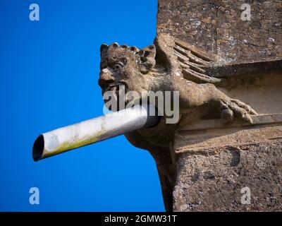 Radley, Oxfordshire, England - 11. April 2021; keine Menschen im Blick. Ein schrulliger, doppelzweckiger Drainpipe-Gargoyle, der auf den Wänden meines lokalen pa festklebte Stockfoto