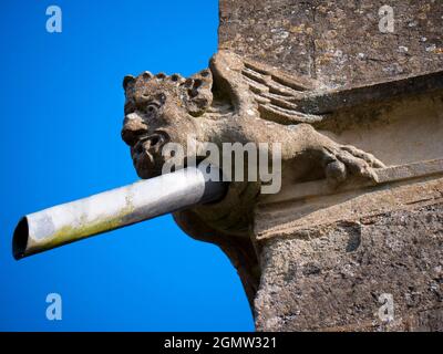 Radley, Oxfordshire, England - 11. April 2021; keine Menschen im Blick. Ein schrulliger, doppelzweckiger Drainpipe-Gargoyle, der auf den Wänden meines lokalen pa festklebte Stockfoto