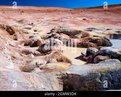Sol de Ma–ana, Bolivien - 25. Mai 2018 das Sol de Ma–ana (Morgensonne) liegt hoch oben in den bolivianischen Hochanden und ist ein ausgedehntes Gebiet Stockfoto
