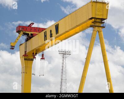 Belfast, Nordirland - 10. Juni 2017 Belfast ist stolz auf seine Industriegeschichte und sein Kulturerbe. Und hier sehen wir einige seiner bekanntesten Reliquien. Sams Stockfoto