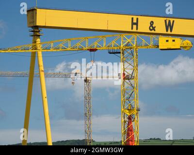Belfast, Nordirland - 10. Juni 2017 Belfast ist stolz auf seine Industriegeschichte und sein Kulturerbe. Und hier sehen wir einige seiner bekanntesten Reliquien. Sams Stockfoto