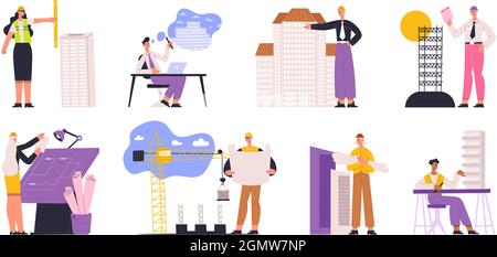Architekten, Ingenieure, Bauherren und Bauarbeiter. Professioneller Baumeister, Architekt, Werkingenieur Vektor-Illustrationsset Stock Vektor
