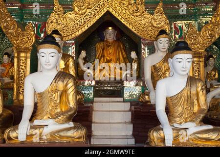 Yangon, Myanmar - 23. Januar 2013. Die Shwedagon-Pagode liegt auf dem Singuttara-Hügel im Zentrum von Yangon (Rangun), Myanmar, und ist die heiligste buddhistische Pagode Stockfoto