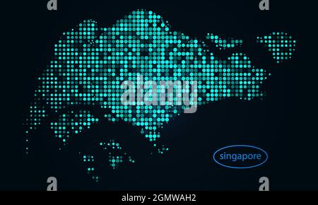 Abstrakt gepunkteter Halbton auf dunklem Hintergrund mit Karte von singapur. Digitale gepunktete Technologie Linie, Design Kugel, Punkt und Struktur. vektor illustrati Stock Vektor