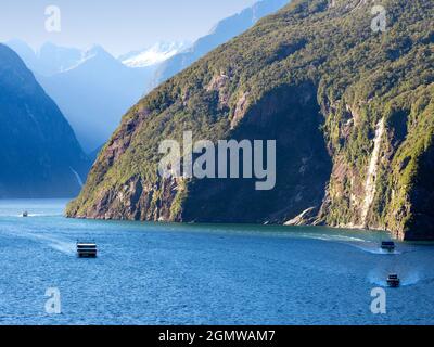 Fiordland, Neuseeland - 25. Februar 2019; Milford Sound ist eines der landschaftlichen Wunder der Welt. Es ist ein herrlicher Fjord des entsprechend n Stockfoto