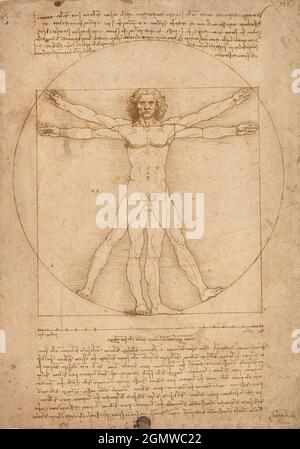 Uomo Vitruviano von Leonardo Da Vinci 1490 -Darstellung der idealen Proportionen des menschlichen Körpers, versucht es zu zeigen, wie es harmonisch in die beiden "perfekten" Figuren des Kreises eingeschrieben werden kann, der den Himmel, die göttliche Vollkommenheit und das Quadrat symbolisiert, das die Erde symbolisiert. Stockfoto