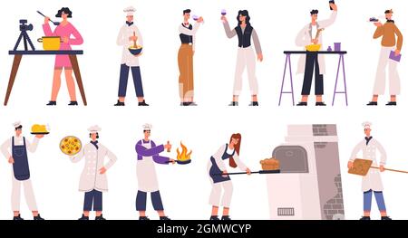 Köche, Köche, Sommelier, Lebensmittelkritiker und Food-Blogger. Food review, Restaurant Chef, Wein Sommelier und Food-Experten Vektor Illustration Set Stock Vektor