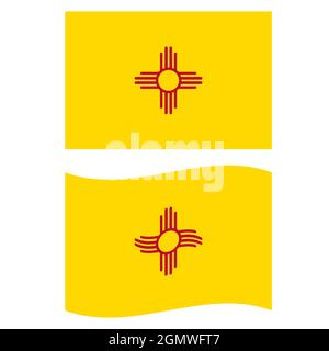 New Mexico Flagge auf weißem Hintergrund. Flagge des Bundesstaates New Mexico. Schwenkende Flagge von New Mexico. Flacher Stil. Stockfoto