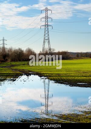 Oxfordshire, England - 2. Januar 2021; keine Menschen im Blick. Ich liebe Strommasten; ihre abstrakten, vergilbten Formen finde ich unendlich faszinierend. Ev Stockfoto