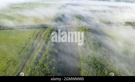 Kreuzung von Eisenbahn und Autobahn. Blick aus einer Höhe über dem morgendlichen Herbstnebel Stockfoto