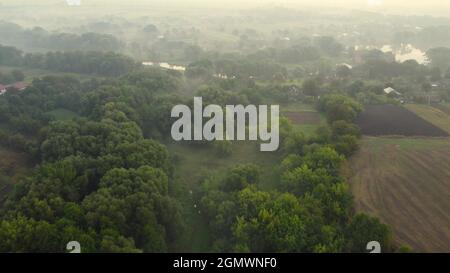 Ländliche Morgenlandschaft, Natur am Fluss mit Morgennebel bedeckt Stockfoto