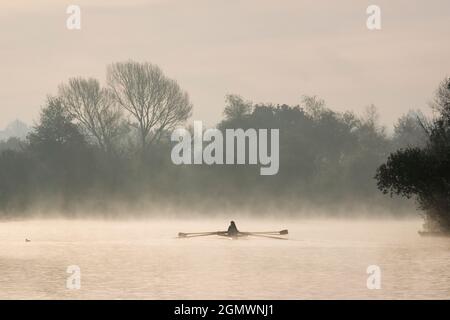 Rudern üben auf der Themse in Oxford - frühen Wintermorgen River Thames, Oxford, England; Universitätsmitglieder rudern. Rudern üben auf dem Thame Stockfoto