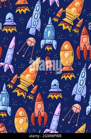 Nahtlose Raumstruktur mit umrissem Cartoon Raumschiffe und Punkten auf einem dunklen Hintergrund. Vektor-Muster mit Kontur Raumfähre fliegen nach oben. Hintergrundbild U Stock Vektor