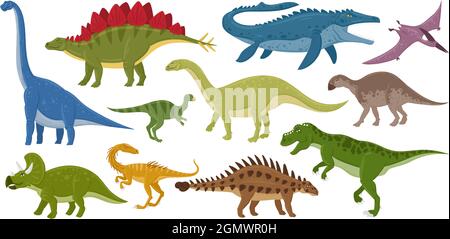 Cartoon-Dinosaurier, ankylosaurus, Brontosaurus, Stegosaurus ausgestorbene Greifer. Pterodactyl und tyrannosaurus jurassic Reptilien Vektor-Illustration-Set Stock Vektor