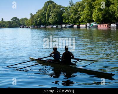Oxford, England - 21. Mai 2019; zwei Universitätsmitglieder rudern. Ruderübungen auf der Themse in Oxford, direkt oberhalb der Folly Bridge. Es ist früh Stockfoto