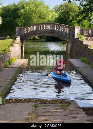 Iffley, Oxfordshire - England - 13. Juli 2019; ein Mann, rudernd, im Vew. Der Thames Path Walkway ist eine Route, die häufig von Radfahrern, Joggern und anderen besucht wird Stockfoto