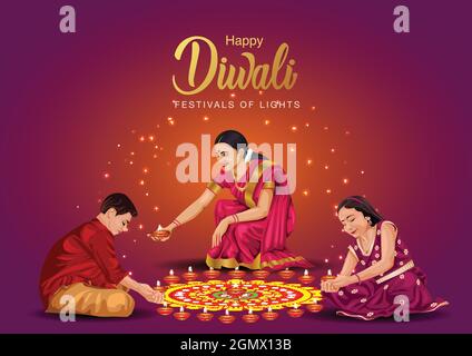 Happy Diwali Grüße. Eine Familie macht diya Dekoration. vektor-Illustration Stock Vektor