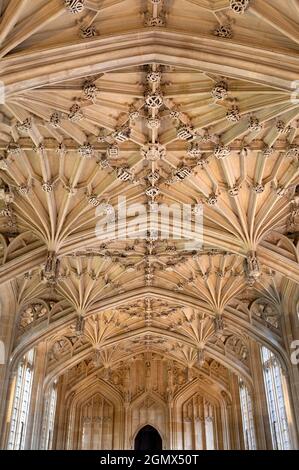 Oxford, England - 2017; in der Divinity School der Bodleian Library der Oxford University, England. Dieser berühmte mittelalterliche Raum ist mit einem geschmückt Stockfoto