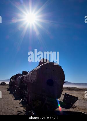 Uyuni, Bolivien - 24. Mai 2018 Uyuni ist eine kleine Gemeinde am Rande der großen Salzebenen von Zentralbolivia. Früher war es ein Verkehrsknotenpunkt Stockfoto