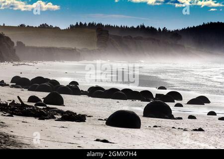 South Island, Neuseeland - 24. Mai 2012. Die Moeraki-Felsbrocken, Südinsel Neuseelands.Diese ungewöhnlichen sphärischen Felsformationen, verursacht durch Wellen-Eo Stockfoto