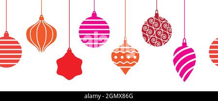 Weihnachtsschmuck nahtlose Vektor-Grenze. Wiederholtes horizontales Muster mit hängenden Weihnachtskugeln Girlande rosa rot. Für Urlaubsgrüße verwenden Stock Vektor