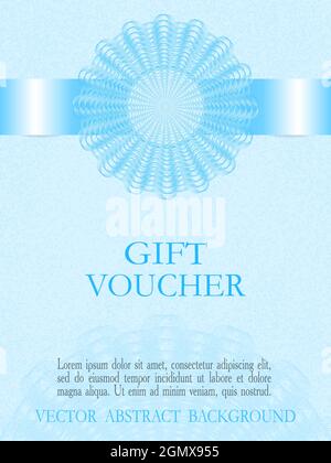Blauer Geschenkgutschein mit durchbrochenem Muster. Pastellfarben im Winter. Elegante Guilloche. Abstrakter Hintergrund. Vektor-Layout für Gutschein, VIP-Bonuskarte. EPS10 Stock Vektor
