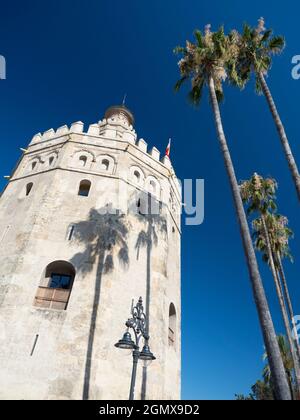 Sevilla, Andalusien, Spanien - 31. Mai 2016; keine Menschen im Blick. Der Torre del Oro (Turm des Goldes) ist ein berühmtes Wahrzeichen der Stadt Sevilla in Andalusien Stockfoto