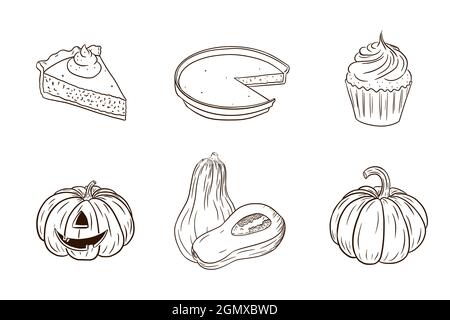 Thanksgiving Pumpkin Dishes Collection. Herbsturlaub Essenset. Frische reife Kürbisse und Kürbiskuchen Illustration für Aufkleber, Einladung, Menü und Grußkarten Dekoration. Premium Vector Stock Vektor