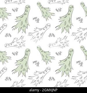Gruselige Halloween nahtlose Muster mit gruseligen Geister und Spinnen. Cooler Druck für Geschenkpapier, Grußkarte, Einladung. Design für Partygeschirr Stock Vektor