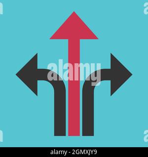 Dunkelgrauer und roter Trennpfeil mit drei Pfaden. Konzept von Erfolg, Auswahl, Entscheidung, Entwicklung und Trennung. Flaches Design Stock Vektor