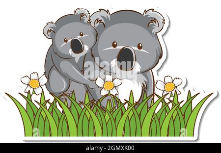 Koala Mutter und Baby stehen im Grasfeld Aufkleber Illustration Stock Vektor