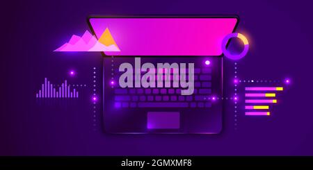 Geschäftsstrategie und -Planung. Datenanalyse und Investitionen. Geschäftserfolg. Computer mit Infografik-Elementen. Design für die Präsentation. Vektorgrafik Stock Vektor