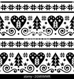 Skandinavische Weihnachten Folk nahtlose Vektor-Muster, repetitive florale niedliche nordische Design mit Weihnachtsbäumen, Schneeflocken und Herzen in schwarz auf weiß Stock Vektor