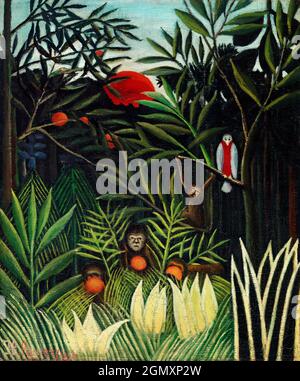 Affen und Papageien im Virgin Forest (Singes et perroquet dans la forêt vierge) (ca. 1905-1906) von Henri Rousseau. Stockfoto