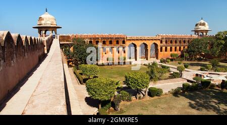 Amber oder Amer Fort in der Nähe von Jaipur Stadt, Detail aus dem oberen Teil der Festung, Rajasthan, Indien Stockfoto