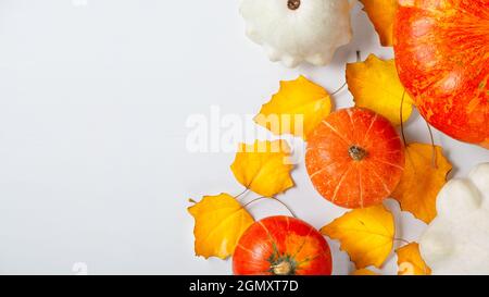 Festliches Herbstdekor aus Kürbissen und Blättern auf weißem Holzhintergrund Stockfoto