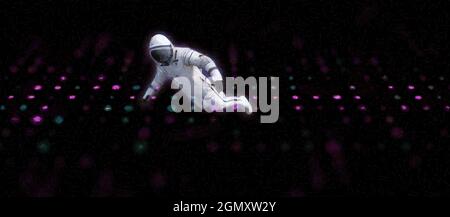 Astronaut und virtueller Raum. Großer Panoramablick. Dunkler futuristischer Hintergrund Stockfoto