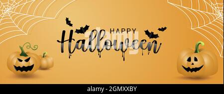 Happy Halloween Kalligraphie mit Fledermäusen und Kürbisse. Banner Party Einladung.Vektor-Illustration Stock Vektor