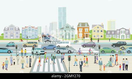 Silhouette der Stadt mit Fußgängern am Zebrastreifen, Illustration Stock Vektor