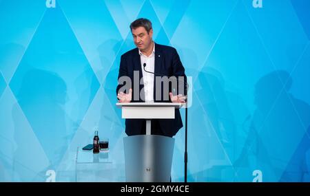 München, Deutschland. September 2021. Der bayerische Ministerpräsident Markus Söder (CSU) nimmt an einer Pressekonferenz nach einer Sitzung des Bayerischen Kabinetts Teil. Quelle: Sven Hoppe/dpa/Alamy Live News Stockfoto