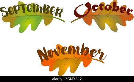 Schöne Komposition mit gradienten farbigen Eichenblättern und Typografie von Namen der Herbstmonate Stock Vektor