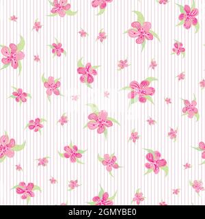Sakura Blüte nahtlose Vektor-Muster Hintergrund. Verstreute rosa Kirschblüten Blätter in rosa gestreiften weißen Hintergrund. Feminine Wiederholung floral Stock Vektor