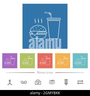 Fastfood-Menü mit Cheeseburger und Getränken umreißt flache weiße Symbole auf quadratischem Hintergrund. 6 Bonus-Symbole enthalten. Stock Vektor